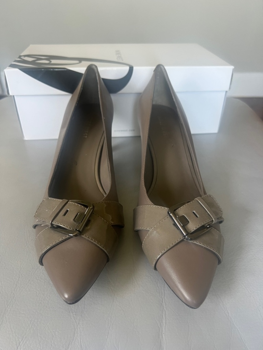 Nine West Lorenzao Taupe Pointed-Toe Pumps with Buckle Detail Genuine Leather